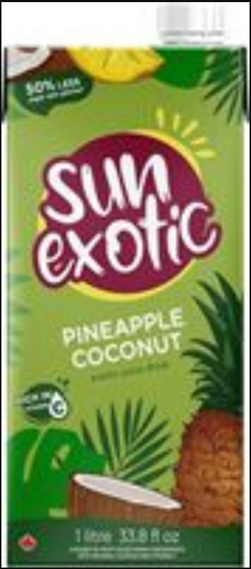 Jus d'ananas et de noix de coco exotique Sun 50 % moins de sucre (1 L) ; T15 x H5