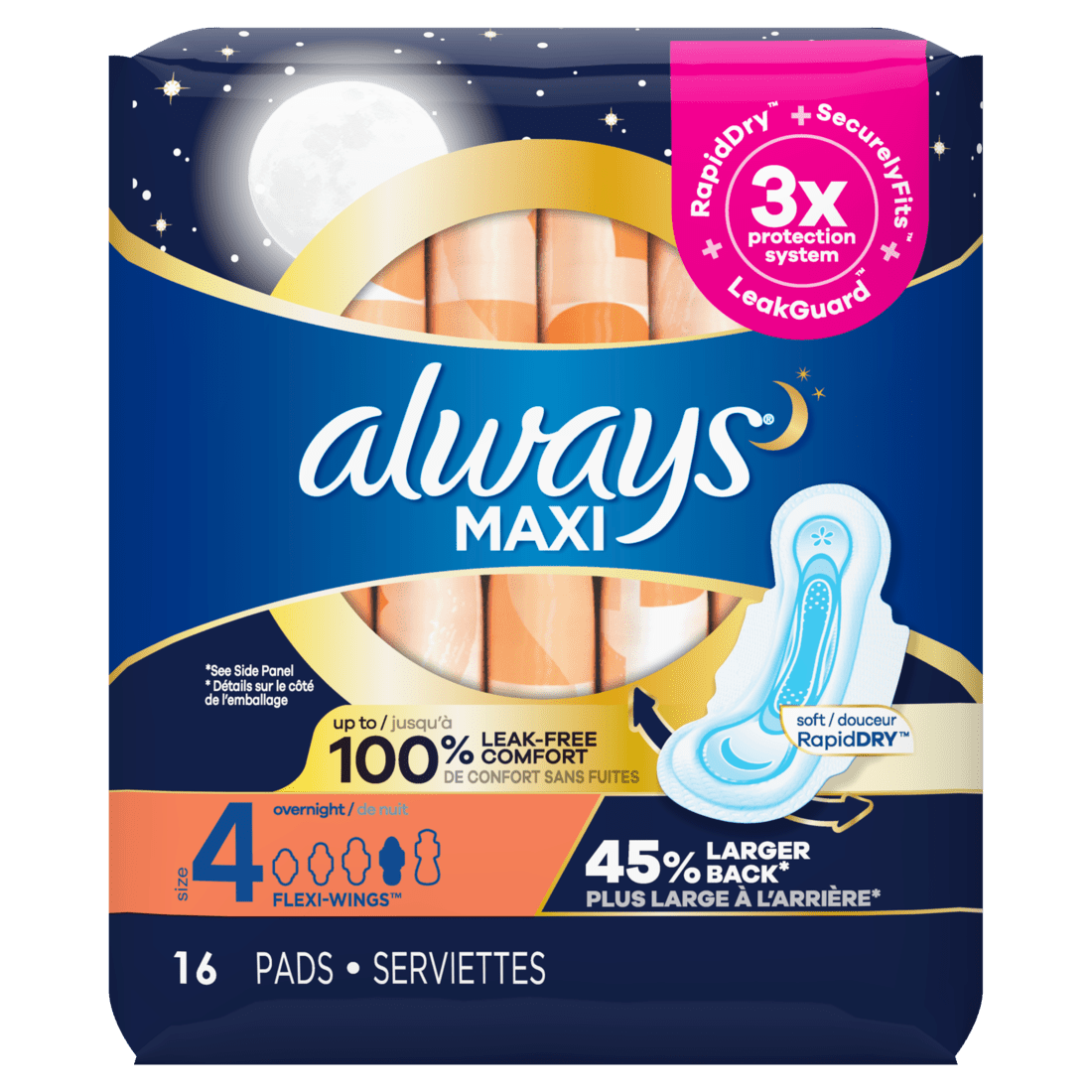 Always Maxi Size 4 Overnight with Wings Pads (16ct) - Brandco Direct Inc